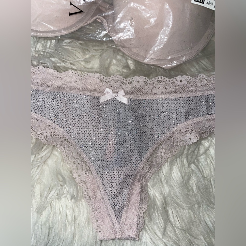 Victoria Secret Shine Strap Bra VS Taupe Shine Strap Rhinestone Panty Set 🆕 🪩 - Picture 4 of 13